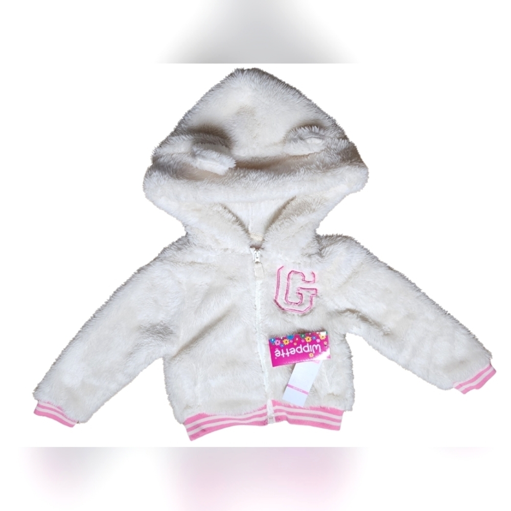Wippette Kids White and Pink Varisty Style Furry Zip Up Jacket, 24m, NWT